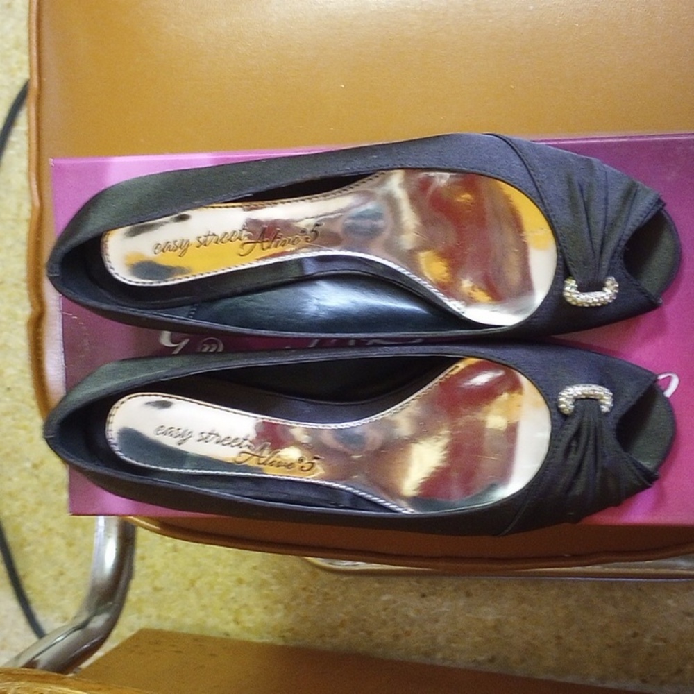 Easy Street Alive 5 Lunari Black Open Toe Satin Heels, Rhinestones, Leather Sole - Picture 2 of 9